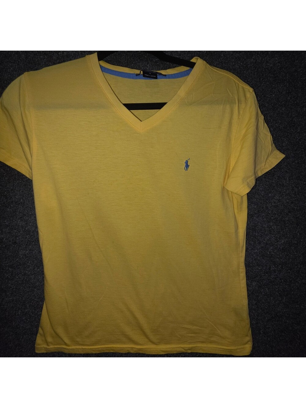 RL38. Vintage Y2K Ralph Lauren Sport Yellow V Neck Blue Pony Cotton Tee Medium